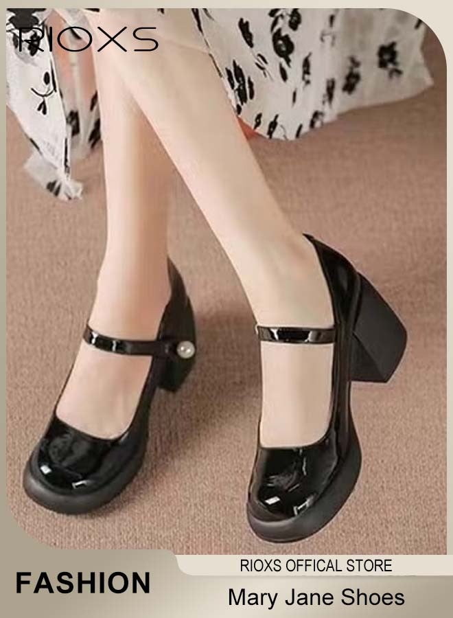 RIOXS Mary Jane Shoes for Women, Classic Patent Leather Shoes, Women's Ankle Strap Mary Jane Shoes, Fashion Round Toe Shoes, 6.5cm Elegant Mary Janes Heels, Comfort Lightweight Office Shoes, Perfect Companion for Any Outfits, Black Leather Heel Shoes Womens Footwear - Image 3